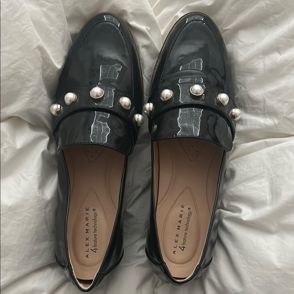 Alex Marie Black Patent Leather Loafers with Pearl Detail
